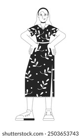 Mujer rubia de pie con las manos en las caderas en blanco y negro 2D línea personaje de dibujos animados. Vestido de verano caucásico femenino aislado Vector contorno persona. Ilustración monocromática de moda contemporánea