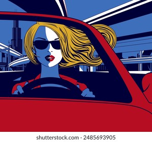 A blonde woman in sunglasses with her hair down is driving a red car. Drawing in comic linear style. Modern city life and futuristic vector illustration.