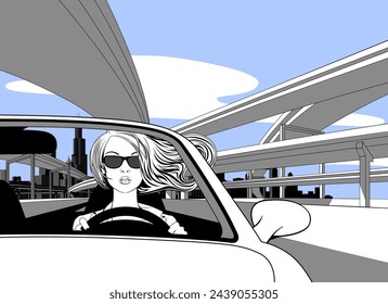 Blonde woman in sunglasses with loose hair driving a car against the backdrop of a highway overpass and the city skyline. Drawing in comic linear style. Vector illustration