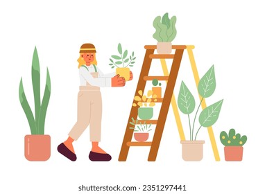 Blonde woman takes care of plants 2D vector isolated spot illustration. Hobby flat girl put flower pot on ladder on white background. Colorful editable scene