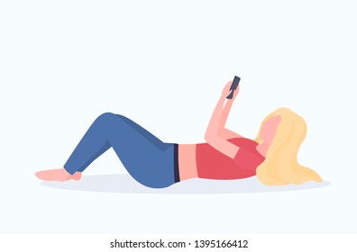 blonde woman taking selfie photo on smartphone camera female cartoon character lying on floor girl posing on white background flat full length horizontal