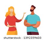 Blonde woman talking with man vector illustration. Cheerful lady gesturing in conversation with bearded boy. Serious guy with crossed arms listening to pretty girl. Friend, colleague communicating