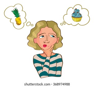 Blonde woman thinking. Beautiful woman choosing between healthy and junk food. woman choosing between pineapple and dessert trying to decide which one to eat