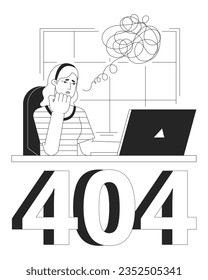 Blonde woman thoughts black white error 404 flash message. Workplace with laptop. Monochrome empty state ui design. Page not found popup cartoon image. Vector flat outline illustration concept