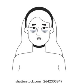 Blonde woman tired face with dark circles under eyes outline illustration. Puffiness, fatigue skincare. Caucasian white female 2D line character isolated on white. Monochrome vector ink linear image