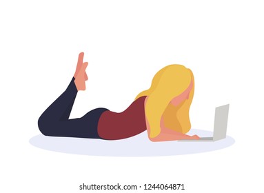 blonde woman using laptop lying pose isolated faceless profile silhouette female cartoon character full length flat