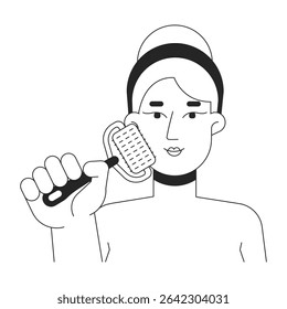 Blonde woman using microneedling roller for skin rejuvenation outline illustration. Collagen promotion. Caucasian white female 2D line character isolated on white. Monochrome vector ink linear image