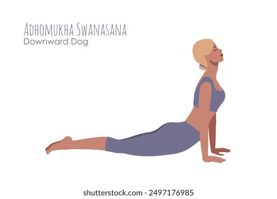 Blonde woman in violett lavender outfit in a yoga pose. Female cartoon character demonstrating various yoga positions isolated on light background. Colorful flat illustration for spiritual, yoga, spor