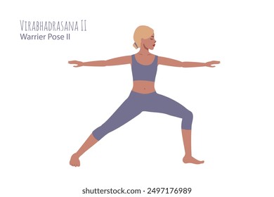 Blonde woman in violett lavender outfit in a yoga pose. Female cartoon character demonstrating various yoga positions isolated on light background. Colorful flat illustration for spiritual, yoga, spor