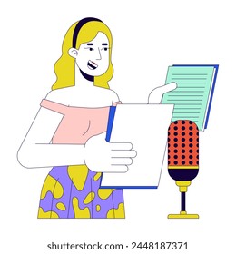 Blonde woman voiceover artist 2D linear cartoon character. Caucasian female voice actor isolated line vector person white background. Microphone talk. Dubbing service color flat spot illustration