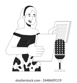 Blonde woman voiceover artist black and white 2D line cartoon character. Caucasian female voice actor isolated vector outline person. Microphone talk. Dubbing monochromatic flat spot illustration