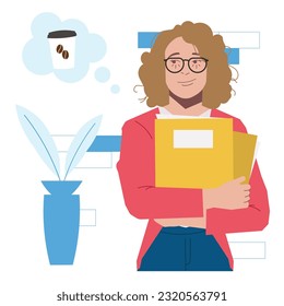 blonde woman wants coffee before work in flat illustration