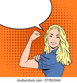 Blonde Woman We Can Do It Chat Bubble Smile Pop Art Colorful Retro Style Concept Feminism Vector Illustration