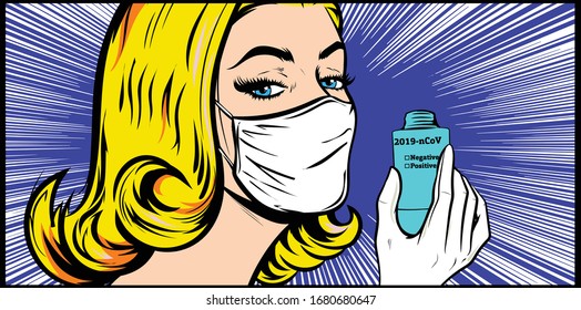 Blonde woman wearing medical face mask and glove, holding potential treatment drug test for coronavirus (COVID-19).  Pop Art. Vector illustration in retro comic book vintage style