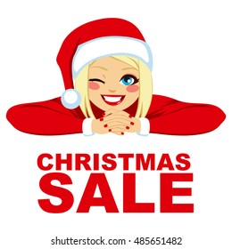 Blonde woman wearing Santa hat smiling and winking with red Christmas sale text vector illustration