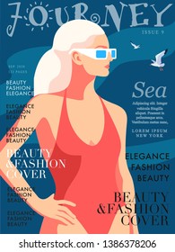 Blonde woman wearing swimsuit and sunglasses. Sea background with gulls. Journey magazine cover design for the summer holiday season. Vector illustration