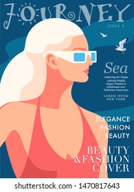 Blonde woman wearing swimsuit and sunglasses. Sea background with gulls. Journey magazine cover design for the summer holidays season. Vector illustration