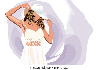 Blonde woman in white dress arranging her sun hat. Abstract purple strokes background. Vector