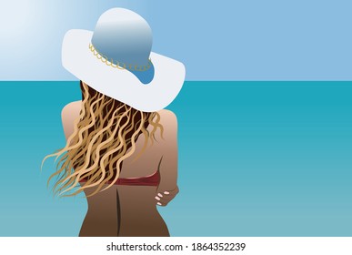 Blonde woman with a white sun hat and red swimwear looking at the sea. Vector