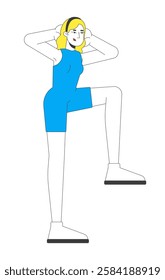 Blonde woman in workout outfit doing knee lift exercise 2D cartoon character. Caucasian female athlete. Activewear girl isolated person flat vector on white background. Spot illustration colorful