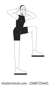 Blonde woman in workout outfit doing knee lift exercise black and white 2D line character. Caucasian female athlete. Activewear girl isolated vector outline person. Monochromatic spot illustration