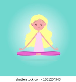 Blonde yogi girl flat vector illustration. Sitting in meditation wearing pink and purple cloth. Practicing yoga in lotus position