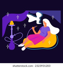 Blonde young female lying on couch, holding pipe, smoking and relaxing. Hookah lounge club. Traditional oriental leisure. Flat vector illustration in purple and pink colors