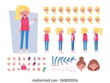 Blonde young  girl in casual clothes for animation. Front, side, back, 3/4 view. Face Emotions set and gestures. Separate parts of body. Cartoon style, flat vector illustration.