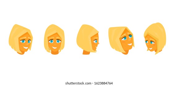 Blonde young girl head from different angles: frontal, profile, three quarters, turn and down and up. Character design. Cartoon illustration. Isolated on white.