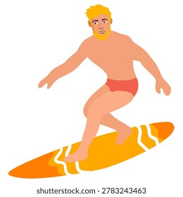 blonde young man balancing on surfboard riding sea wave