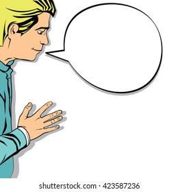 Blonde young man with bubble for words. Positive emotions and good mood. Realistic vector in pop art style
