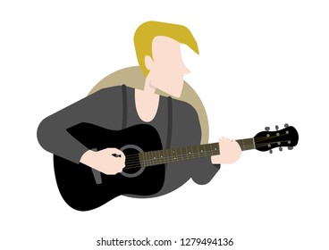 Blonde young man playing a black accoustic guitar. Flat style vector illustration.