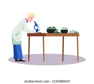 Blonde young man in white coat looking through microscope flat style, vector illustration isolated on white background. Preparation of herbal medicines, homeopathy concept