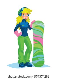 Blonde young snowboarder girl with charming smile and blue eyes in sports wear and helmet with glasses standing and holding her snowboard. Vector illustration in flat cartoon style. Winter sports.