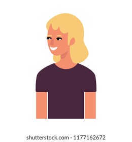 Blonde young woman flat avatar for social networks, blogs use. Short haired smiling girl in tshirt, cute female character portrait. Vector illustration