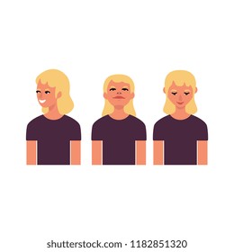 Blonde young woman flat avatar for social networks, blogs use set with various head positions. Short haired smiling girl in tshirt, cute female character portrait. Vector illustration