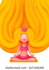 Blonde young woman in pink sport costume siting on mat. Yoga studio vertical flyer invitation template. Vector illustration