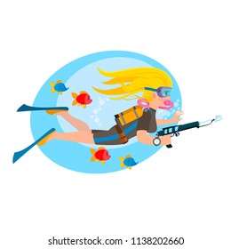 Blonde young woman with scuba and harpoon under water.