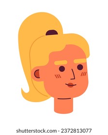 Blonde young woman semi flat vector character head. Optimistic. Ponytail hairstyle. Editable cartoon avatar icon. Face emotion. Colorful spot illustration for web graphic design, animation