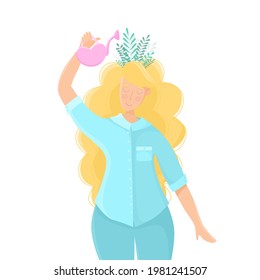 Blonde young woman in turquoise shirt, with leaves on her head, holding a watering can over herself. Mental health, to take care of yourself or self-development concept, isolated on white background