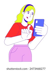 Blonde young woman typing mobile phone 2D linear cartoon character. Caucasian female gen z isolated line vector person white background. Texting chatting online color flat spot illustration