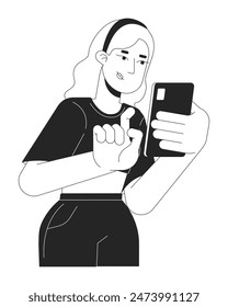 Blonde young woman typing mobile phone black and white 2D line cartoon character. Caucasian female gen z isolated vector outline person. Texting chatting online monochromatic flat spot illustration