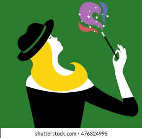 A blonde-haired enchantress creates magic with a wand