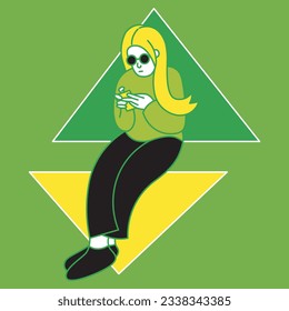 a blonde-haired woman with black glasses sitting relaxed while playing her gadget