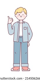Un muchacho de pelo rubio está dando un pulgar hacia arriba y guiñando el ojo. ilustración vectorial de estilo de diseño plano.