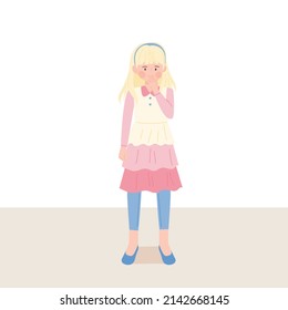A blond-haired girl is standing with a shy expression in a pink skirt. flat design style vector illustration.