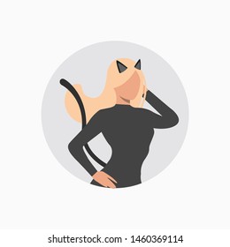 Blond-haired lady in cat costume on light gray round background. Halloween, cartoon characters, costume. Vector illustration for poster, leaflet, brochure