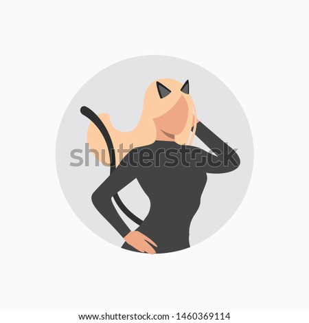 Blond-haired lady in cat costume on light gray round background. Halloween, cartoon characters, costume. Vector illustration for poster, leaflet, brochure