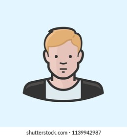 Blond-haired man in black sweater and white shirt