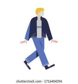 Hombre de pelo rubio con pantalones azules caminando con la máscara protectora de la cara. Ilustración vectorial en el estilo de dibujo plano.